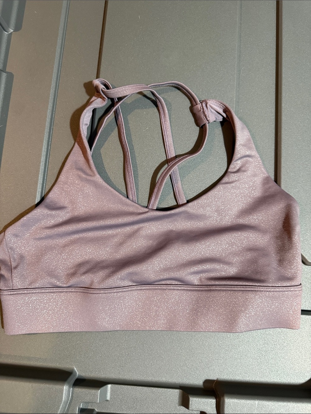 Zyia Pieces Shimmer Strappy Light n Tight Sports Bra in Dusty Mauve